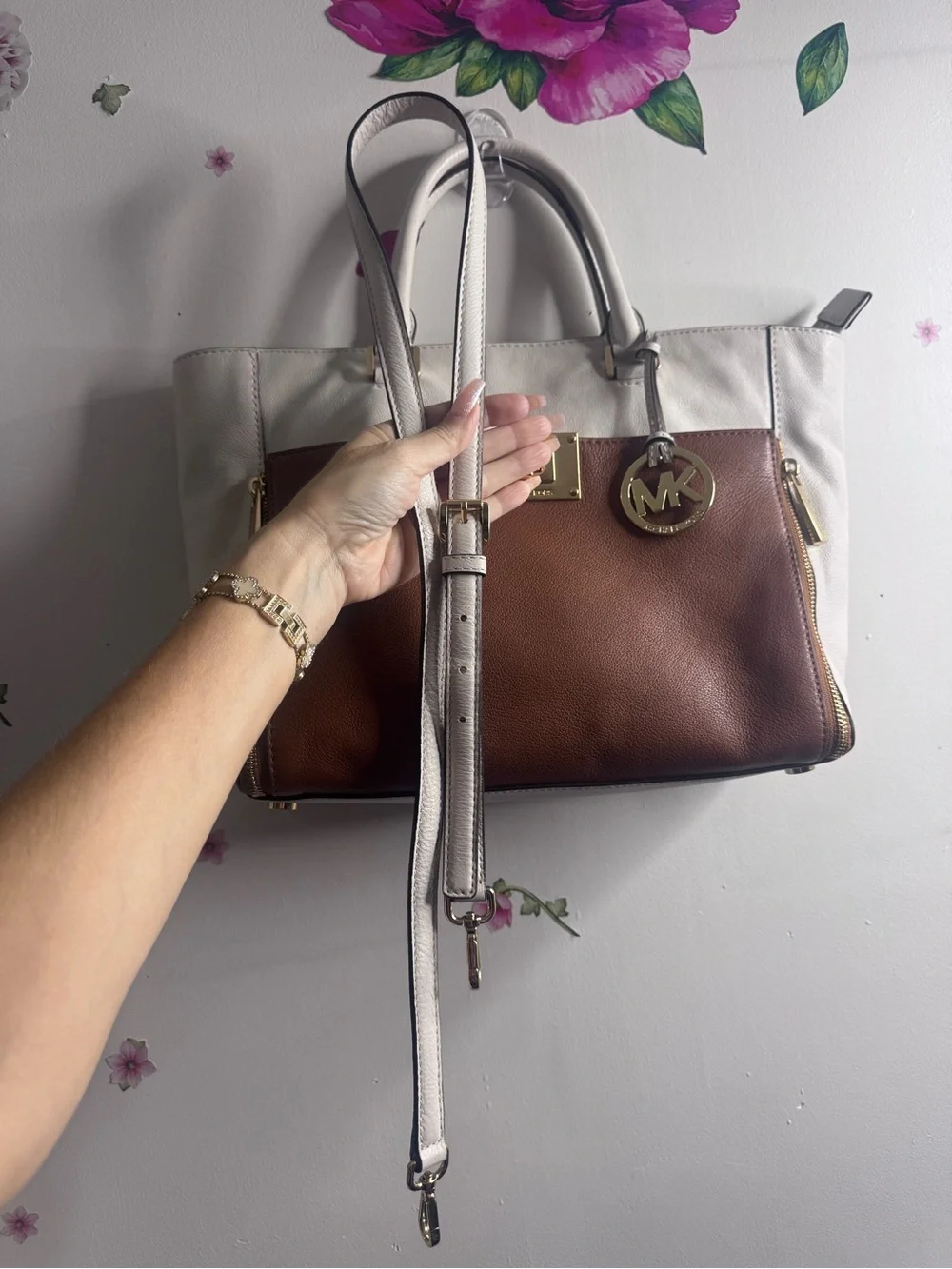 Michael Kors White & Brown Leather Satchel with Gold Hardware
